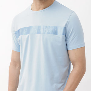 Rare Rabbit Mens Olios Light Blue Cotton Fabric Short Sleeve Crew Neck Satin Print T-Shirt