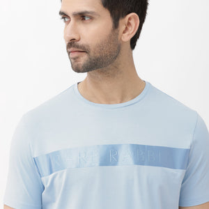 Rare Rabbit Mens Olios Light Blue Cotton Fabric Short Sleeve Crew Neck Satin Print T-Shirt