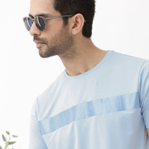 Rare Rabbit Mens Olios Light Blue Cotton Fabric Short Sleeve Crew Neck Satin Print T-Shirt