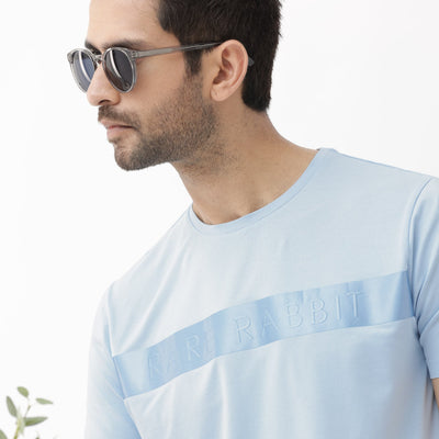 Rare Rabbit Mens Olios Light Blue Cotton Fabric Short Sleeve Crew Neck Satin Print T-Shirt