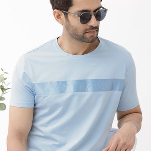 Rare Rabbit Mens Olios Light Blue Cotton Fabric Short Sleeve Crew Neck Satin Print T-Shirt