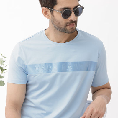 Rare Rabbit Mens Olios Light Blue Cotton Fabric Short Sleeve Crew Neck Satin Print T-Shirt