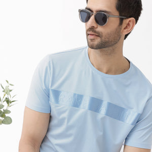 Rare Rabbit Mens Olios Light Blue Cotton Fabric Short Sleeve Crew Neck Satin Print T-Shirt