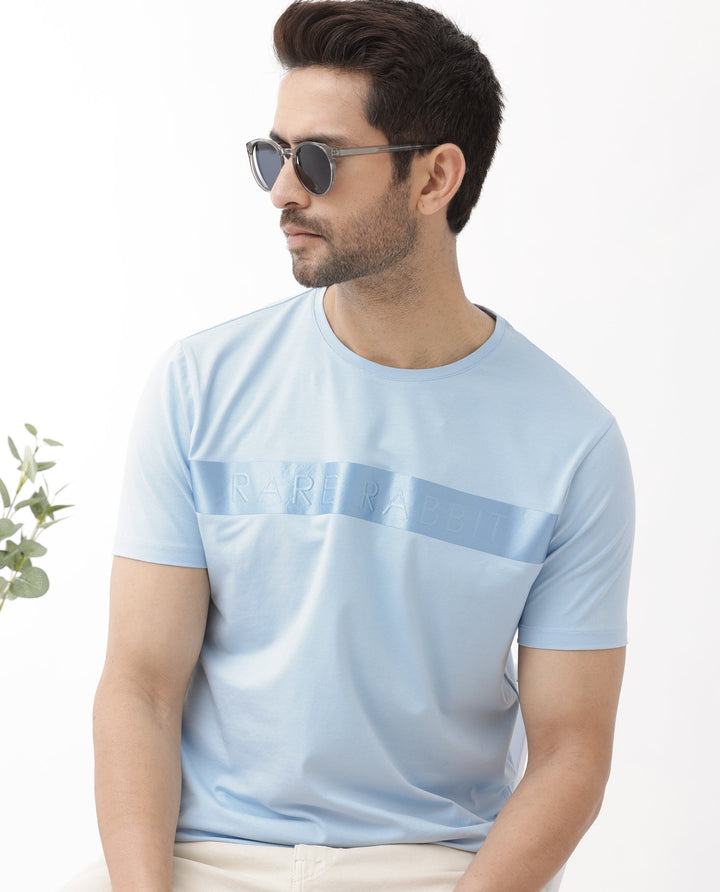 Rare Rabbit Mens Olios Light Blue Cotton Fabric Short Sleeve Crew Neck Satin Print T-Shirt