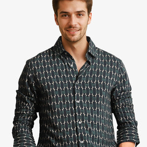 Rare Rabbit Mens Oliver Green Viscose Fabric Full Sleeves Slim Fit Geometric Print Shirt