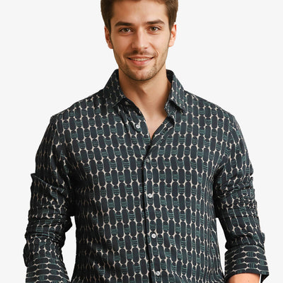 Rare Rabbit Mens Oliver Green Viscose Fabric Full Sleeves Slim Fit Geometric Print Shirt