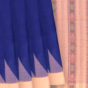 Blue Handwoven Orissa Cotton Saree With Dotted Stripes in Contrast Beige Border & Pallu-Blue