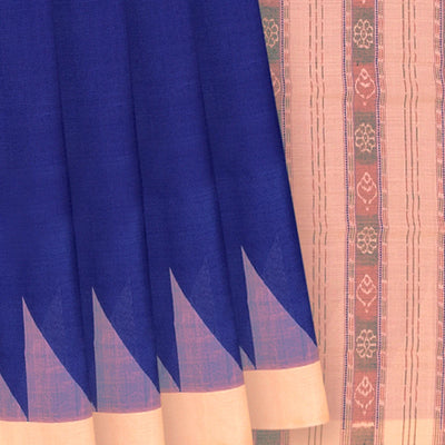 Blue Handwoven Orissa Cotton Saree With Dotted Stripes in Contrast Beige Border & Pallu-Blue