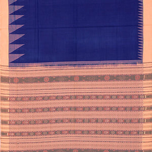 Blue Handwoven Orissa Cotton Saree With Dotted Stripes in Contrast Beige Border & Pallu-Blue