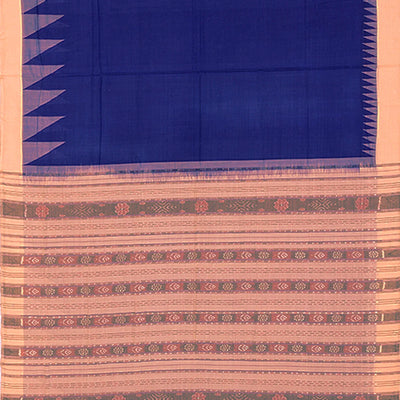 Blue Handwoven Orissa Cotton Saree With Dotted Stripes in Contrast Beige Border & Pallu-Blue