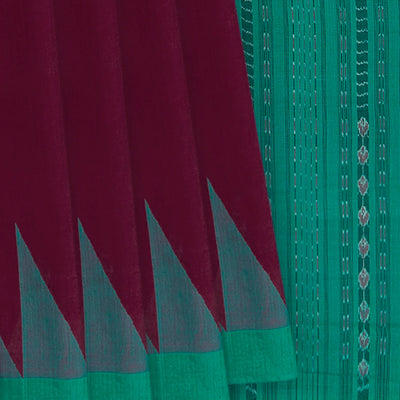 Pink Handwoven Orissa Cotton Saree With Dotted Stripes & Micro Motifs in Contrast Aquamarine Pallu & Border-Pink