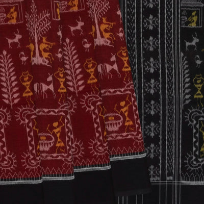 Maroon Handloom Orissa Cotton Saree With Black Border & Pallu-Maroon