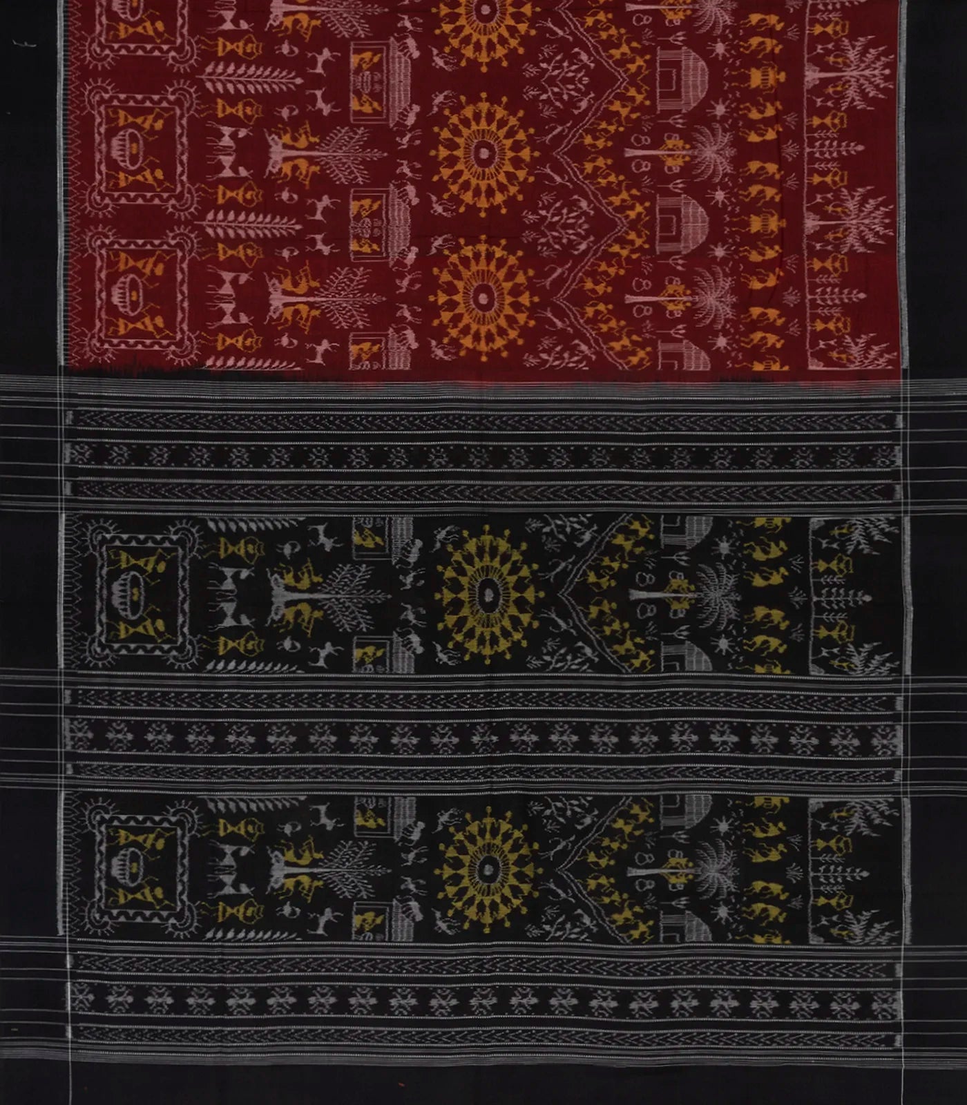 Maroon Handloom Orissa Cotton Saree With Black Border & Pallu-Maroon