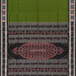 Leaf Green Handloom Orissa Silk saree With Contrast Black Border-Leaf Green