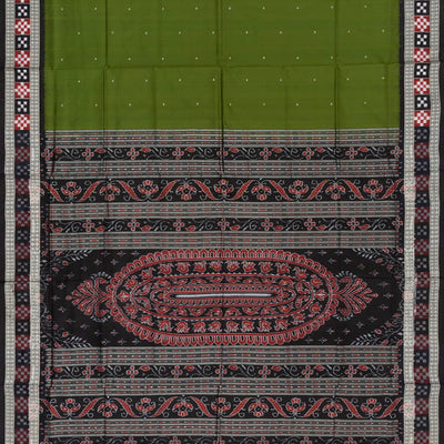 Leaf Green Handloom Orissa Silk saree With Contrast Black Border-Leaf Green