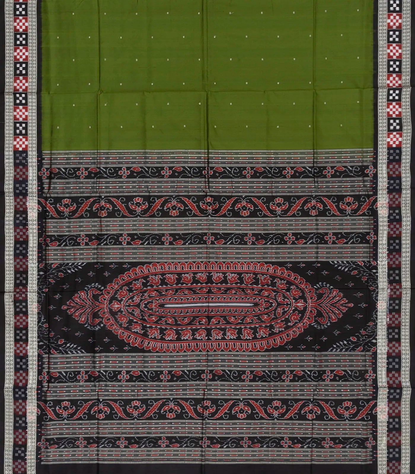 Leaf Green Handloom Orissa Silk saree With Contrast Black Border-Leaf Green