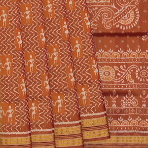 Rust Handloom Orissa Tissue Silk Saree With Tribal Motifs-Rust