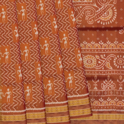 Rust Handloom Orissa Tissue Silk Saree With Tribal Motifs-Rust