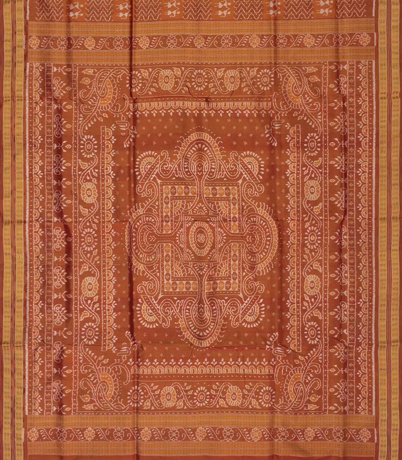 Rust Handloom Orissa Tissue Silk Saree With Tribal Motifs-Rust