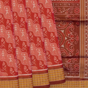 Red Tissue Handloom Orissa Silk Saree With Tribal Motifs-Red