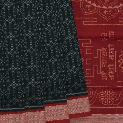 Black Handloom Orissa Silk Saree With Floral Motifs & Crimson Border-Black