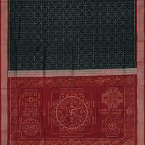 Black Handloom Orissa Silk Saree With Floral Motifs & Crimson Border-Black