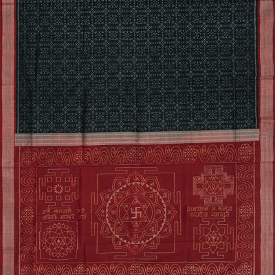 Black Handloom Orissa Silk Saree With Floral Motifs & Crimson Border-Black