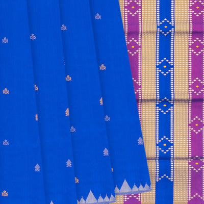 Blue Handloom Orissa Silk Saree With Spearhead Motifs & Temple Border-Blue
