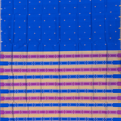 Blue Handloom Orissa Silk Saree With Spearhead Motifs & Temple Border-Blue