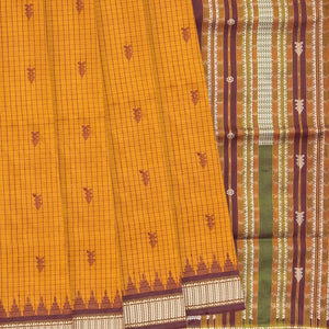 Mustard Handloom Orissa Silk Saree With Checks & Maroon Temple Border-Mustard