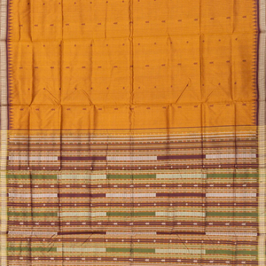 Mustard Handloom Orissa Silk Saree With Checks & Maroon Temple Border-Mustard
