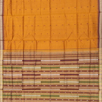 Mustard Handloom Orissa Silk Saree With Checks & Maroon Temple Border-Mustard