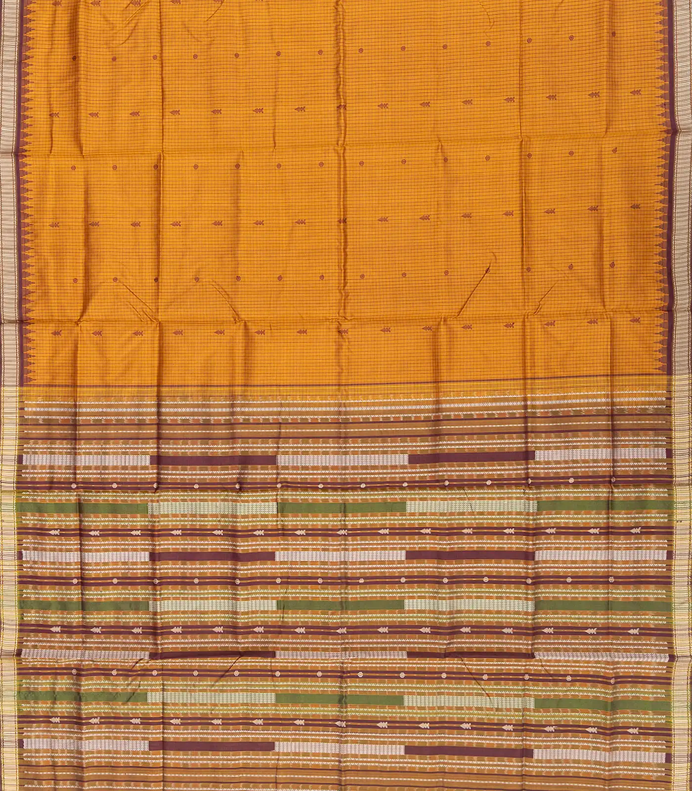 Mustard Handloom Orissa Silk Saree With Checks & Maroon Temple Border-Mustard