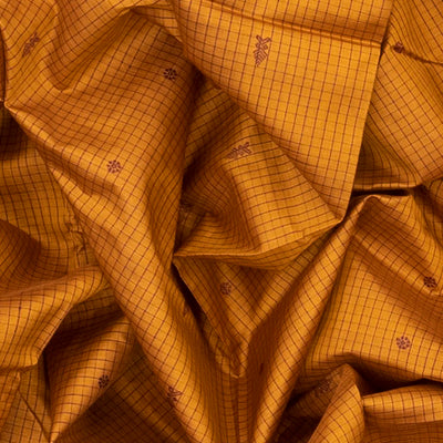 Mustard Handloom Orissa Silk Saree With Checks & Maroon Temple Border-Mustard