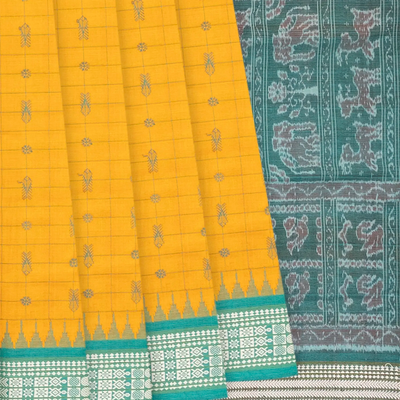 Mango Yellow Handloom Orissa Silk Saree With Checks & Fish Motifs-Mango Yellow