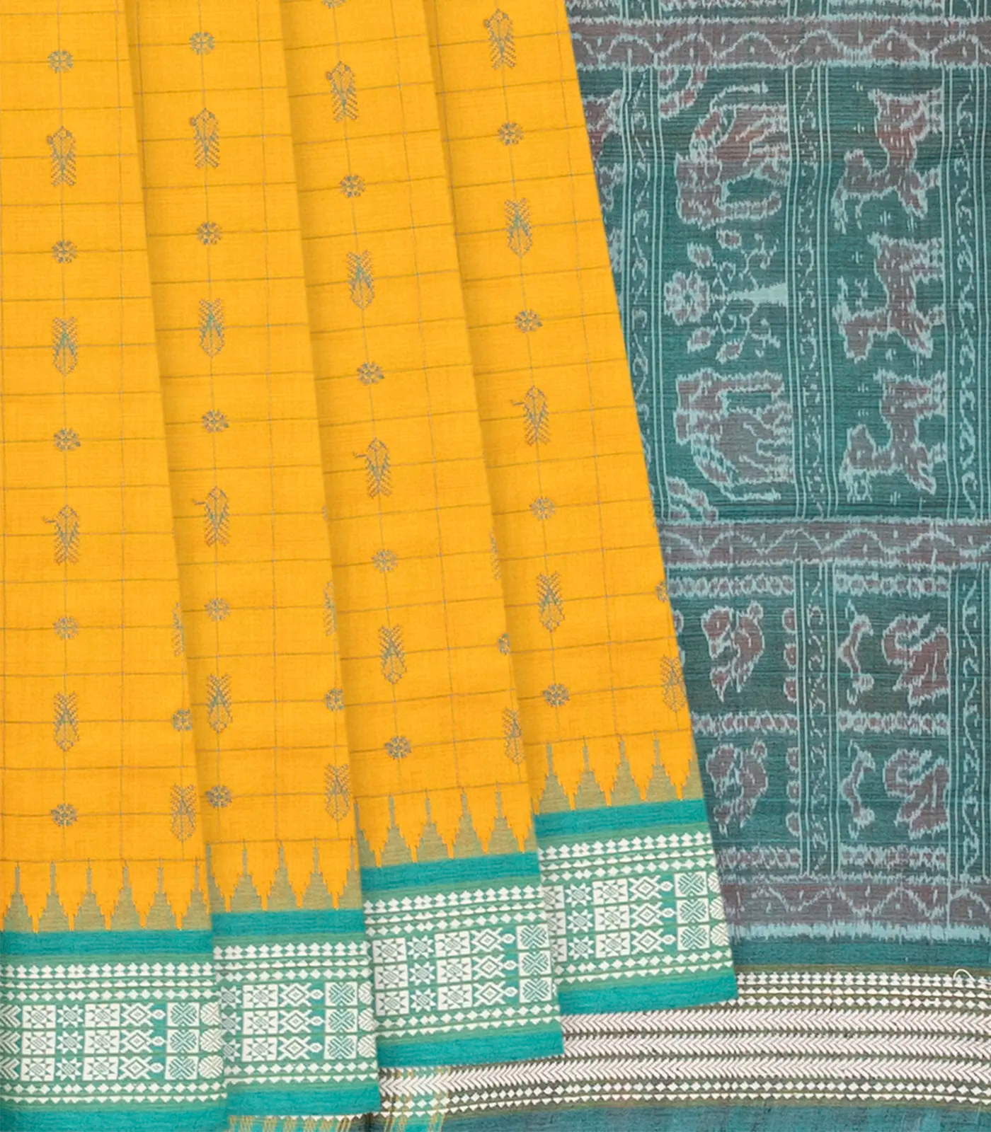 Mango Yellow Handloom Orissa Silk Saree With Checks & Fish Motifs-Mango Yellow