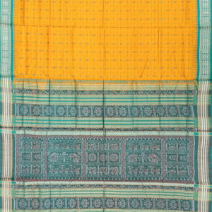 Mango Yellow Handloom Orissa Silk Saree With Checks & Fish Motifs-Mango Yellow