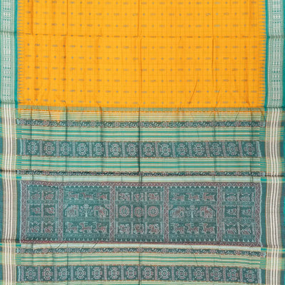 Mango Yellow Handloom Orissa Silk Saree With Checks & Fish Motifs-Mango Yellow