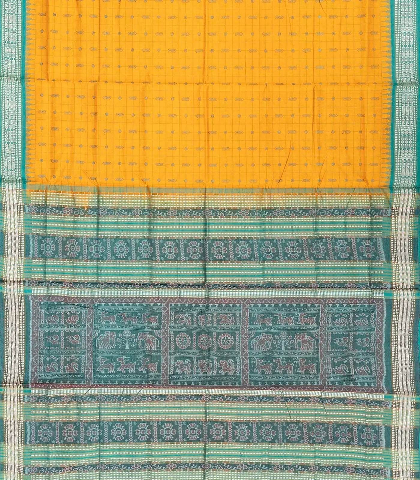 Mango Yellow Handloom Orissa Silk Saree With Checks & Fish Motifs-Mango Yellow
