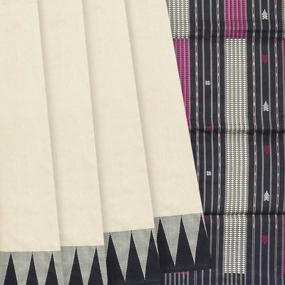 Cream Handloom Orissa Silk Saree With Temple Border & Stripped Pallu-Cream