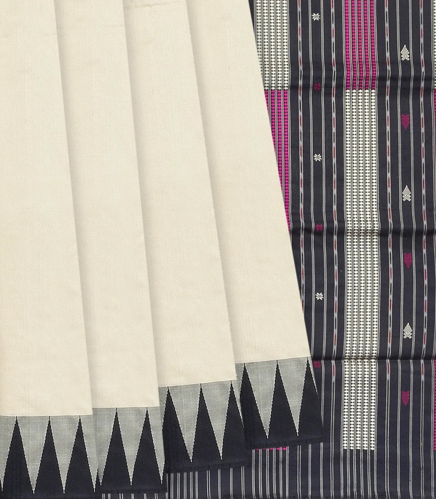 Cream Handloom Orissa Silk Saree With Temple Border & Stripped Pallu-Cream