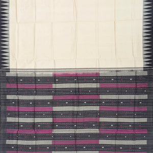 Cream Handloom Orissa Silk Saree With Temple Border & Stripped Pallu-Cream
