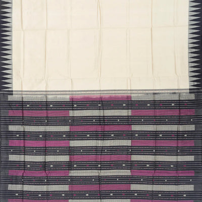 Cream Handloom Orissa Silk Saree With Temple Border & Stripped Pallu-Cream