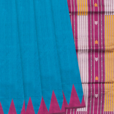 Cyan Handloom Orissa Silk Saree With Temple Border & Stripped Pallu-Cyan