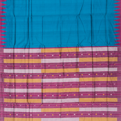 Cyan Handloom Orissa Silk Saree With Temple Border & Stripped Pallu-Cyan