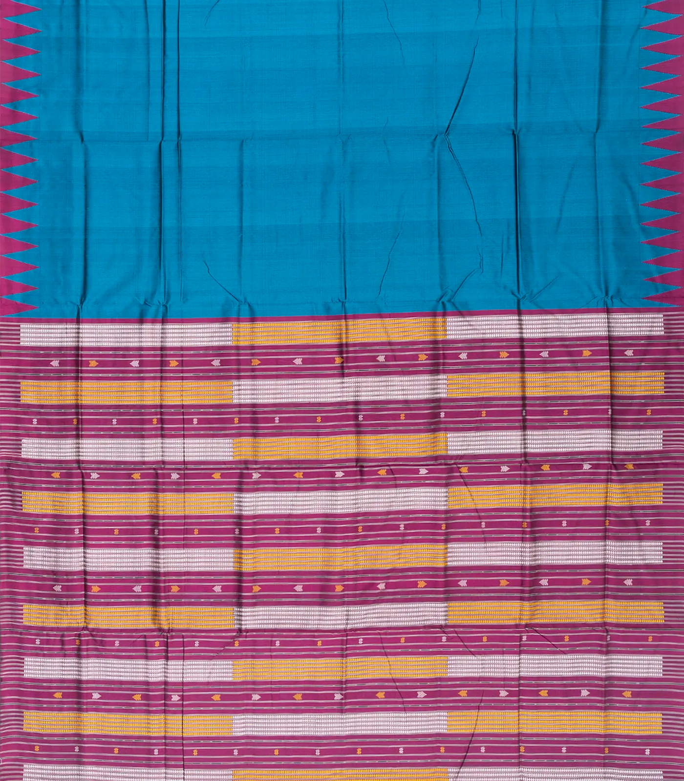 Cyan Handloom Orissa Silk Saree With Temple Border & Stripped Pallu-Cyan