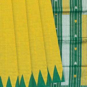 Lime Yellow Handloom Orissa Silk Saree With Temple Border & Stripped Pallu-Lime Yellow