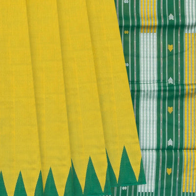 Lime Yellow Handloom Orissa Silk Saree With Temple Border & Stripped Pallu-Lime Yellow