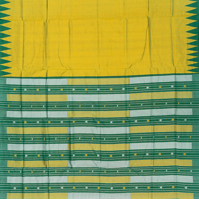 Lime Yellow Handloom Orissa Silk Saree With Temple Border & Stripped Pallu-Lime Yellow