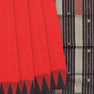 Red Handloom Orissa Silk Saree With Temple Border & Stripped Pallu-Red